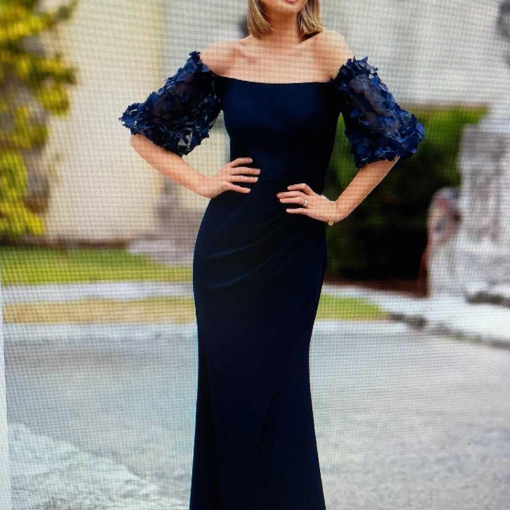 XSCAPE Off-The-Shoulder Floral-Sleeve Gown
